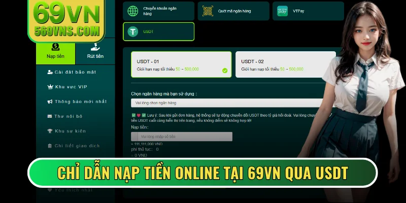 Chỉ dẫn nạp tiền online tại 69VN qua USDT
