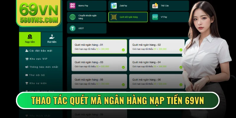 Thao tác quét mã ngân hàng nạp tiền 69VN